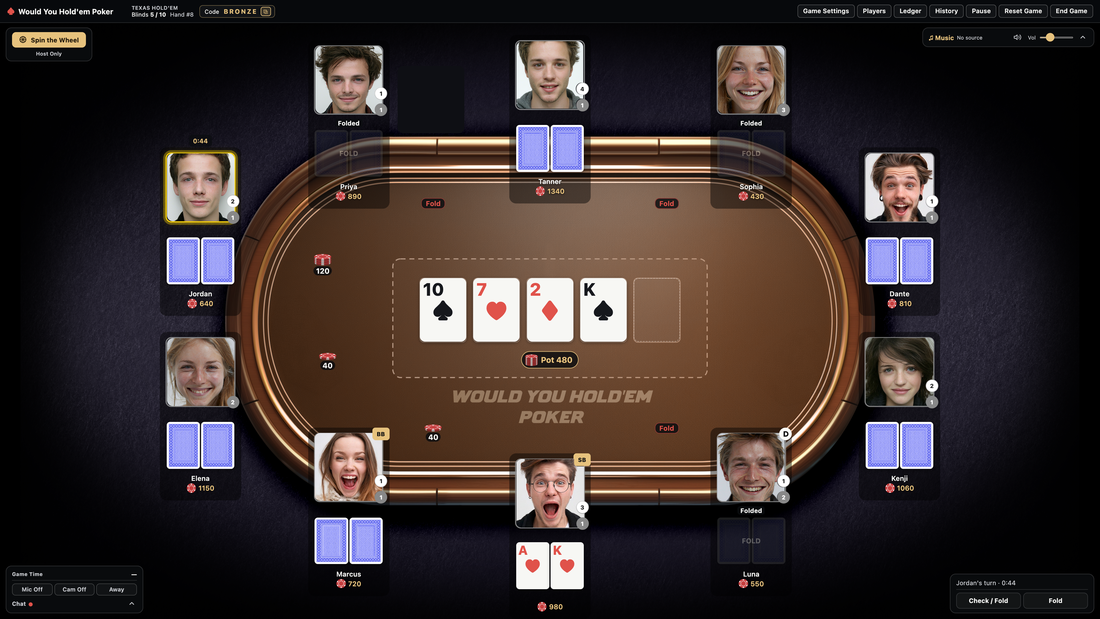 Live poker table with players, cards, and video chat